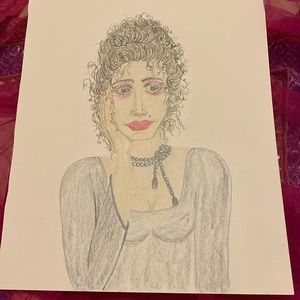 Unframed Original Drawing Illustration Potrait of a Young Girl in Pencil Crayon